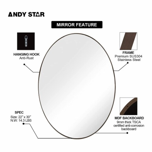 ANDY STAR Modern 22 x 30 Inch Oval Wall Hanging Bathroom Mirror, Brushed Bronze Perspective: bottom