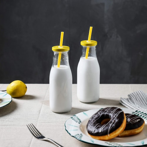 WHOLE HOUSEWARES | 14 Oz Glass Milk Bottle Set of 8+Lids/Straws Perspective: bottom