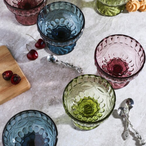 WHOLE HOUSEWARES Green Glass Ice Cream Bowls - Vintage Pressed Pattern, Set of 4 Perspective: bottom