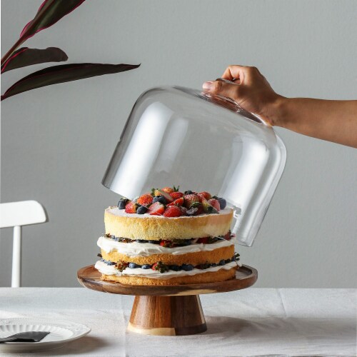 Flat Round Wood Server Cake Stand with Glass Dome, Size: 11x11, Clear