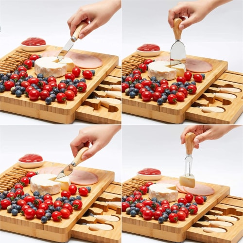 Bamboo Cheese Board Charcuterie Platter and Serving Meat Board Including 4  Steel Knife Perspective: bottom