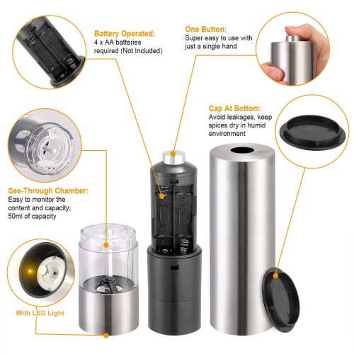 Electric Salt and Pepper Grinder Set - Automatic, Refillable, Battery  Operated Stainless Steel Spice Mills with Light - One Handed Push Button