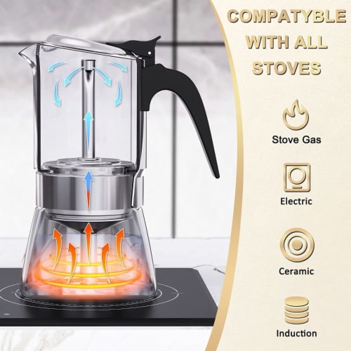 STAINLESS STEEL CRYSTAL GLASS MOKA POT STOVE TOP ESPRESSO MAKER