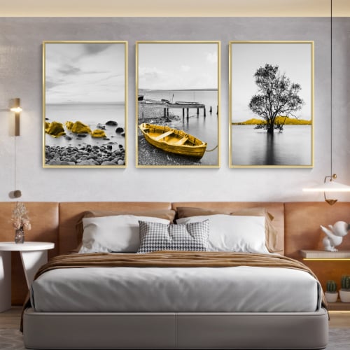 Framed Canvas Wall Paintings-Nordic Golden Boat Stone-Aesthetic Prints for Interior Décor Perspective: bottom