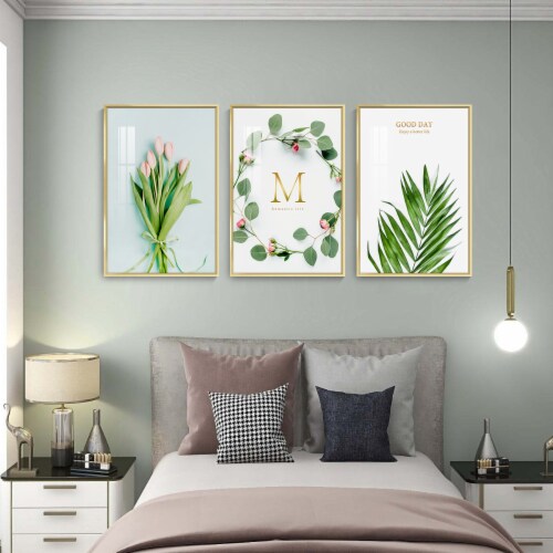 Framed Canvas Wall Paintings-Nordic Green Leaves Pink Flower-Aesthetic Prints for Décor Perspective: bottom