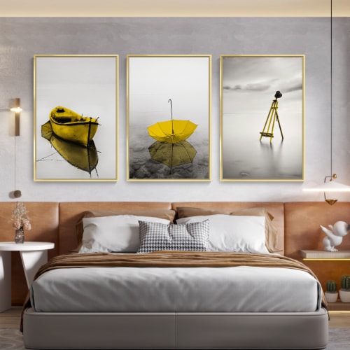 Framed Canvas Wall Paintings-Retro Yellow Mural Modern Home Interior-Prints for Décor Perspective: bottom