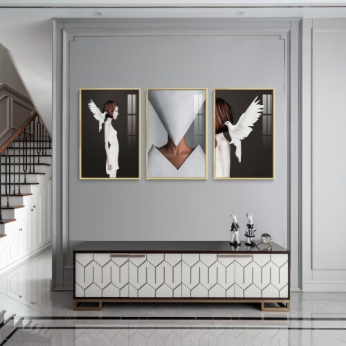 Framed Canvas Wall Paintings-White Dove And Girlish Abstract Pattern-Prints for Décor Perspective: bottom
