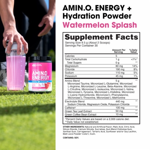 Optimum Nutrition Amino Energy Plus Electrolytes Watermelon Splash Energy Drink Pre Workout Powder Perspective: bottom