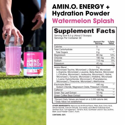 Optimum Nutrition Amino Energy Plus Electrolytes Watermelon Splash Energy Drink Pre Workout Powder Perspective: bottom