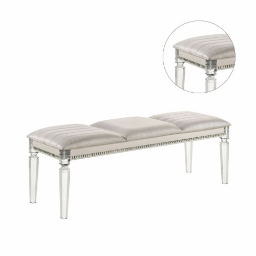 Leatherette and Wood Bench in Pearl White Finish Perspective: bottom