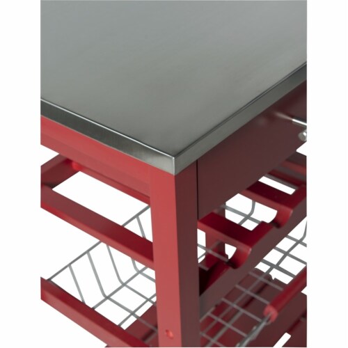 Linon Natalie Wood Stainless Steel Top Kitchen Cart in Red Perspective: bottom