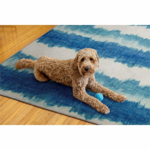 Linon Indoor Outdoor Washable Beck Polyester Area 5'x7' Rug in Ivory and Blue Perspective: bottom