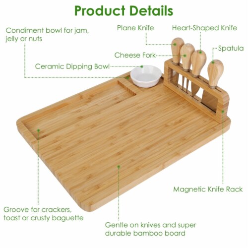 Bamboo Cheese Board Charcuterie Cheese Platter Board Serving Tray with Cutlery Set for Perspective: bottom