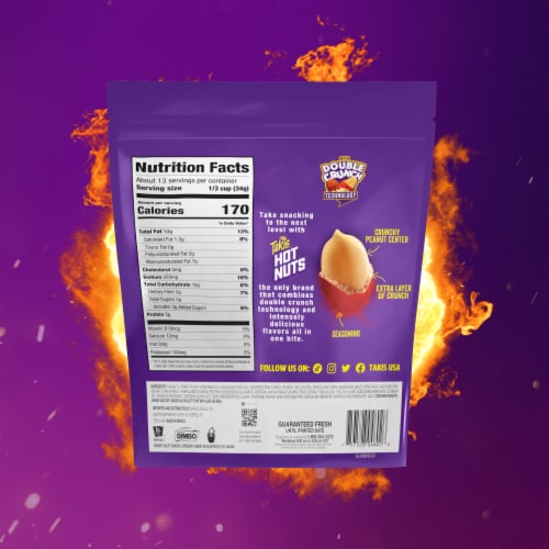 Takis Fuego Hot Nuts Resealable Hot Chili Pepper & Lime Double-Crunch Peanuts Perspective: bottom