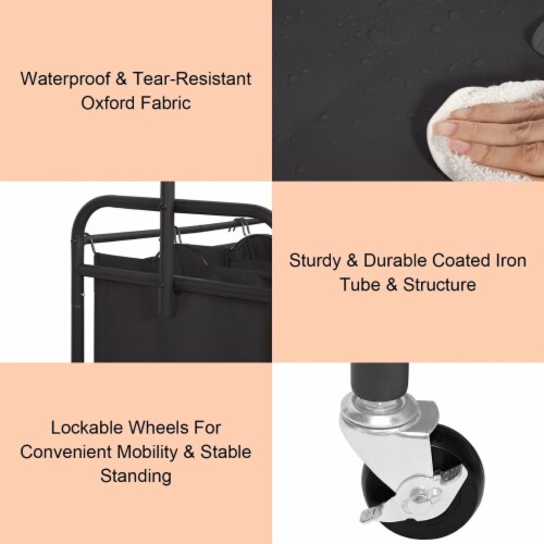 3 Bags Laundry Sorter With Garment Hanging Bar Laundry Hamper Rolling Cart Laundry Basket Or Perspective: bottom