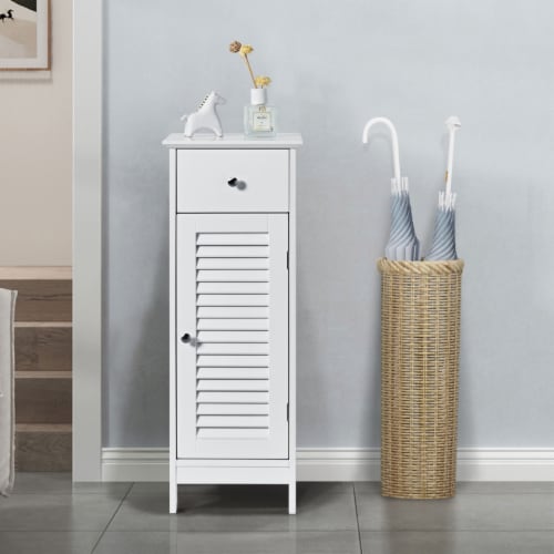 Bathroom Floor Storage Cabinet Side Wooden Organizer w/ Drawer & Shutter Door Perspective: bottom