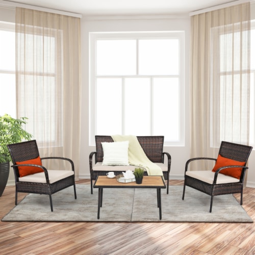 4PCS Rattan Patio Conversation Set Outdoor Furniture Set Cushioned Perspective: bottom
