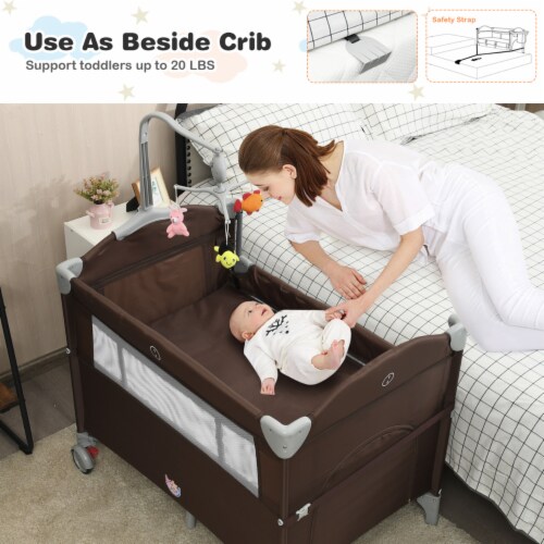 5-in-1 Baby Beside Sleeper Bassinet Portable Crib Playard w/Diaper Changer Brown Perspective: bottom