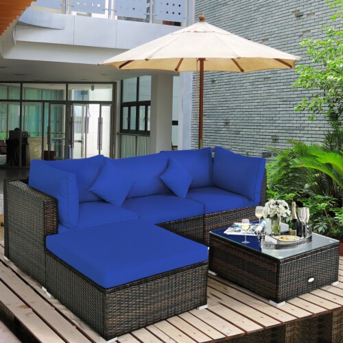5PC Rattan Patio Conversation Set Outdoor Furniture Set w/ Ottoman Cushion Perspective: bottom