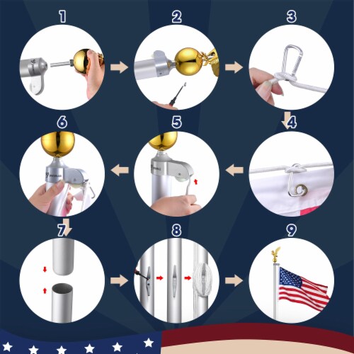 Yescom EZ GO 20ft Telescopic Flag Pole Kit Upgrade Rotating Lock Aluminum Flagpole Set For Outside House Inground Outdoor Camper RV Tailgate Residential Commercial With 3x5' US Flag Ball Top