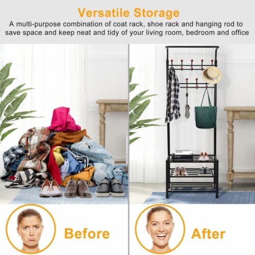 Metal Entryway Coat Shoe Rack Hall Tree with 3-Tier Shoe Bench Shoe Storage 18 Hooks Coat Hat Perspective: bottom