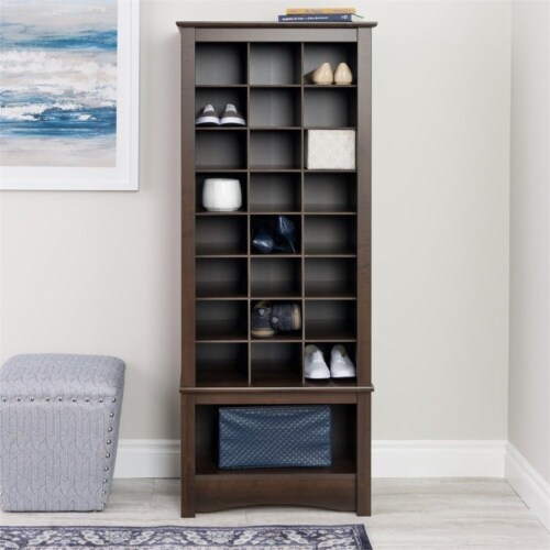 Prepac Tall Shoe Cubbie Cabinet in Espresso Perspective: bottom