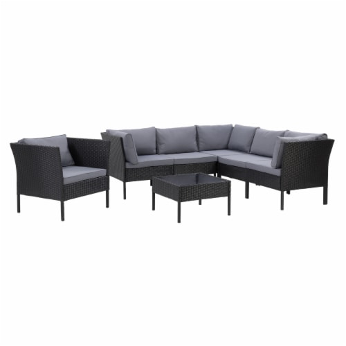 CorLiving 7pc Patio Sectional Set with Chair  - Black with Ash Gray Cushions Perspective: bottom