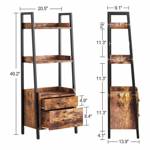 Fabato 3 Tier Display Bookcase with Ladder Shelves and Metal Frame, Rustic Brown Perspective: bottom