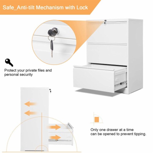 AOBABO 3 Drawer Lateral File Cabinet w/ Lock for Letter/Legal Size Paper, White Perspective: bottom