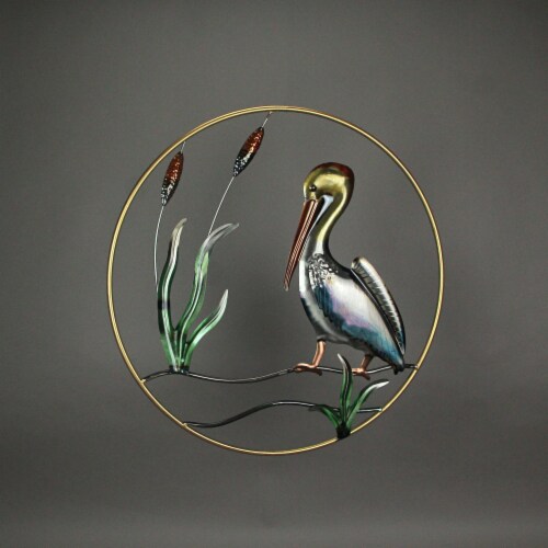 Hand-Painted Metal Pelican Open Work Wall Hanging 24 Inch Diameter Coastal Decor Perspective: bottom