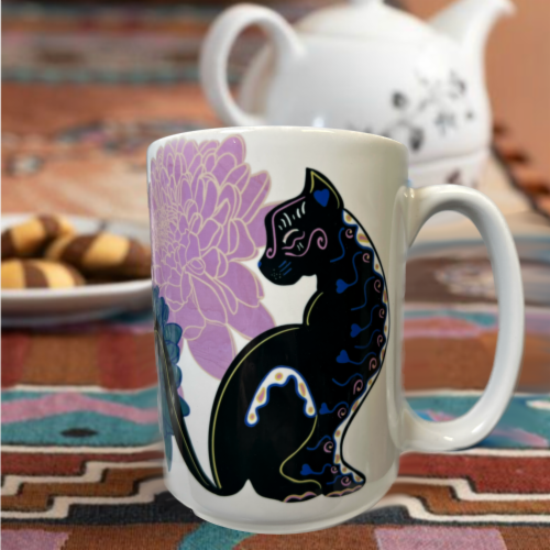 15oz Ceramic Coffee Mug - Black Cat Purple Blue Floral - Dia De Los Muertos - Day Of The Dead Perspective: bottom