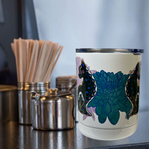 10oz Stainless Steal Coffee Cup - Black Cat Purple Blue Floral Perspective: bottom