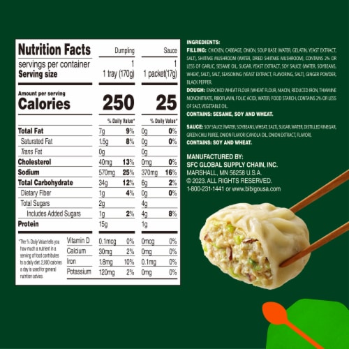 Bibigo Frozen Chicken & Vegetable Steamed Dumplings Perspective: bottom