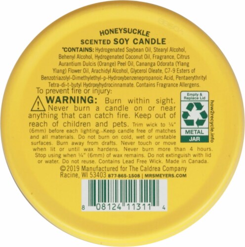 Mrs. Meyer's Clean Day Honeysuckle Scent Soy Tin Candle Perspective: bottom