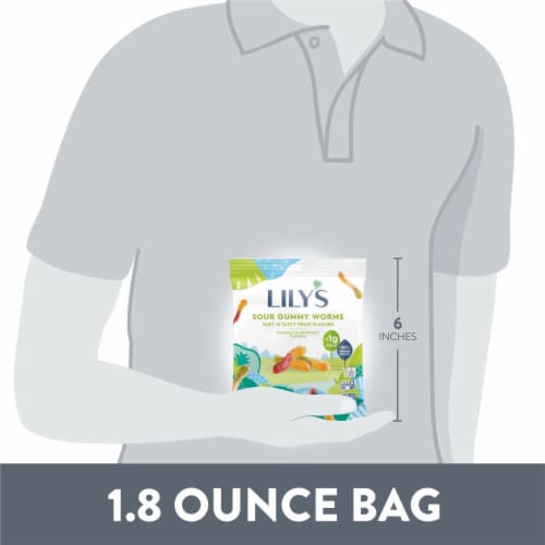 LILY'S Assorted Fruit Flavored No Sugar Added Sour Gummy Worms Bag Perspective: bottom