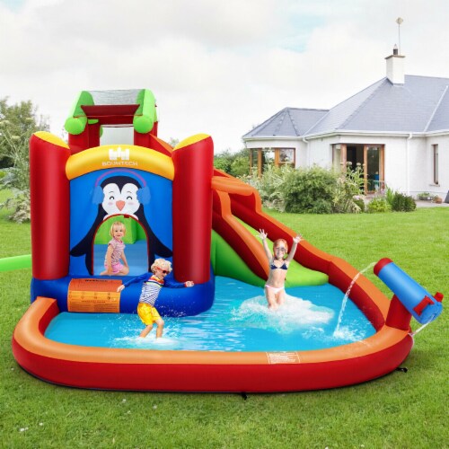 Inflatable Slide Bouncer and Water Park Bounce House Splash Pool Water Cannon Perspective: bottom