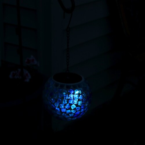 Sunnydaze Outdoor Mosaic Solar Hanging Orb with LED Light, Blue Midnight Moon Color, 6-inch