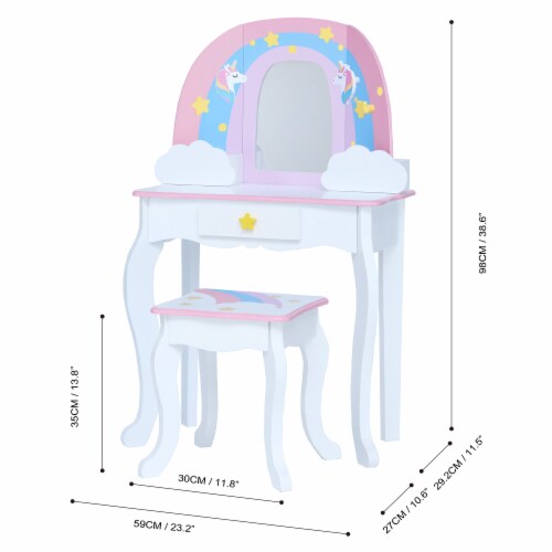 Teamson Kids Little Dreamer Rainbow Unicorn Vanity Table Set w/ Mirror ...