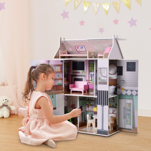 Olivia's Little World Kids Wooden Dreamland Farmhouse 3-Sided Dollhouse ...