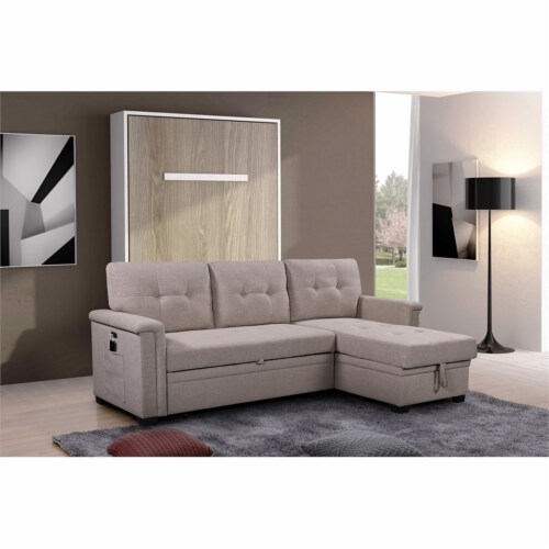 Reversible Sleeper Sofa USB Charger Storage Chaise in Gray - Lilola Home Perspective: bottom