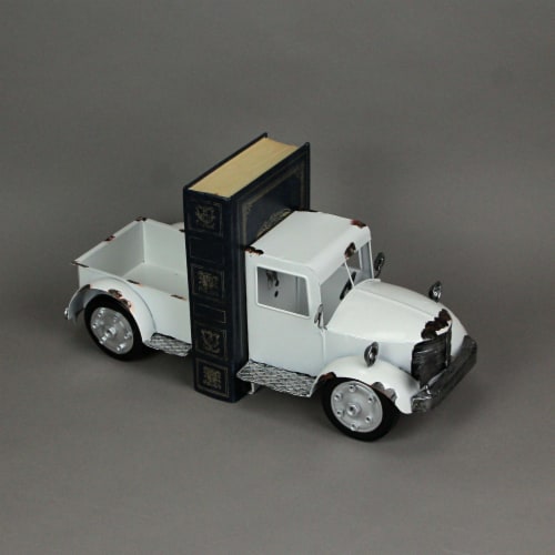 Weathered White Finish Vintage Pickup Truck Metal Bookends Front and Back - White Perspective: bottom