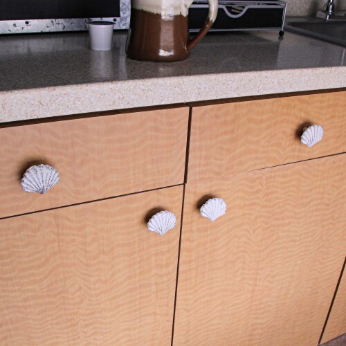 Set of 6 White Cast Iron Scallop Sea Shell Drawer Pulls Nautical Cabinet Knobs - White Perspective: bottom