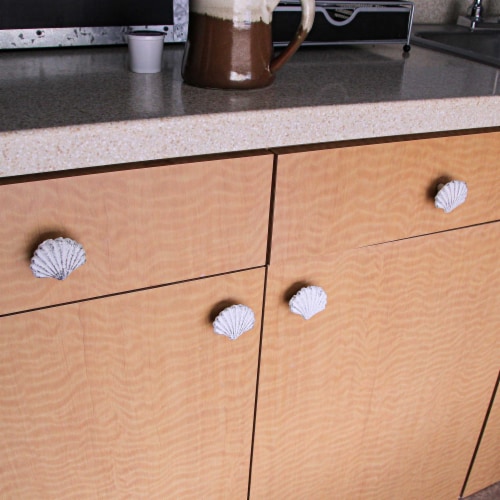Set of 6 White Cast Iron Scallop Sea Shell Drawer Pulls Nautical Cabinet Knobs - White Perspective: bottom