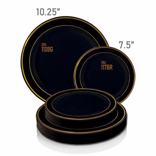 7.5  Black with Gold Edge Rim Plastic Appetizer/Salad Plates (120 Plates) Perspective: bottom
