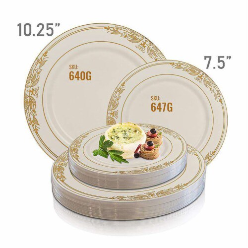 7.5  Ivory with Gold Harmony Rim Plastic Appetizer/Salad Plates (120 plates) Perspective: bottom