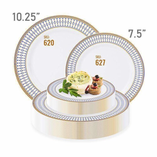 7.5  White with Blue and Gold Chord Rim Plastic Appetizer/Salad Plates (120 Plates) Perspective: bottom