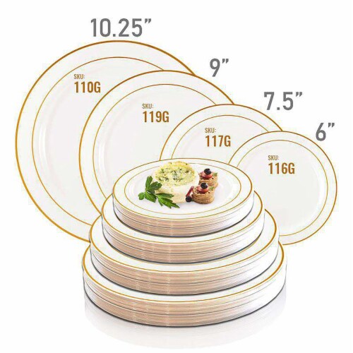 10.25  White with Gold Edge Rim Plastic Dinner Plates (120 Plates) Perspective: bottom