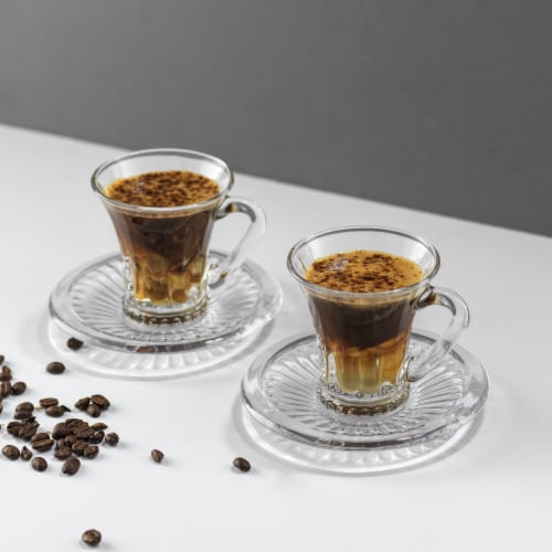 Belle Glass Espresso Cups with Saucer Set - 3.5 oz - Set of 2, 3.5