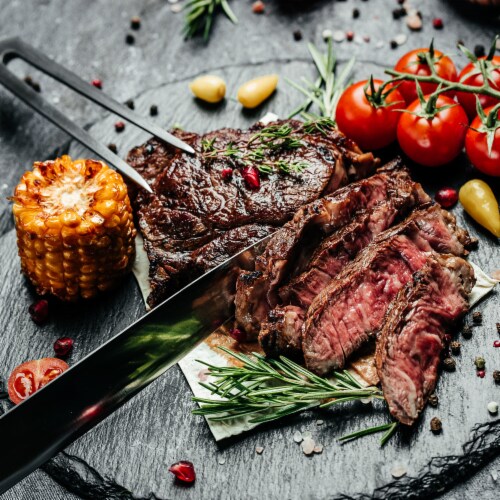 FeedingU Kosher Boneless Ribeye Steak, 4 Steaks, 0.75-1.25 lbs per Steak. Perspective: bottom