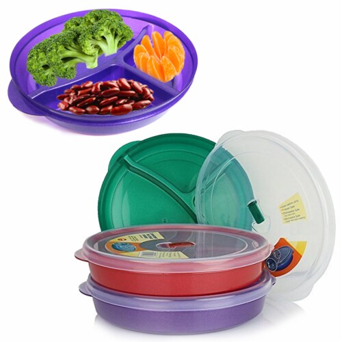 2 Pack BPA-Free Divided Plates W Lids Microwave Dishwasher Safe Lunch Containers